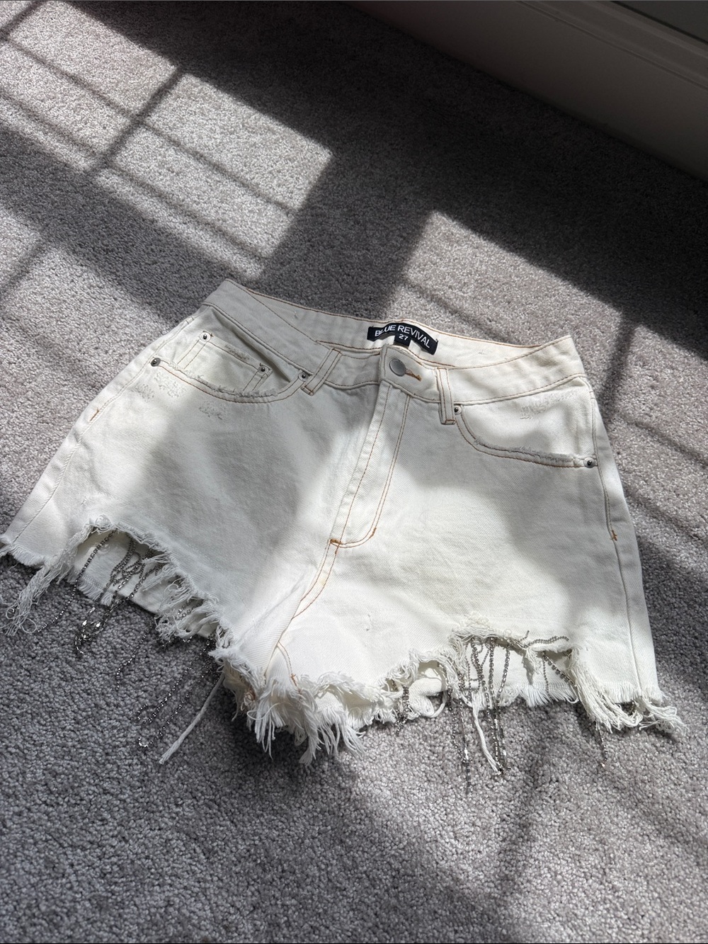 White Denim Shorts Fringe Detail